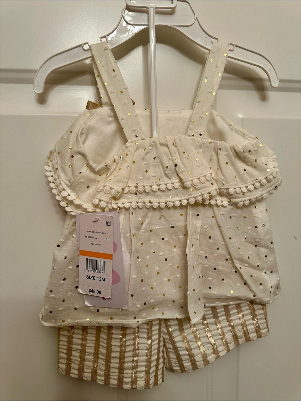 Baby Girl 12M Cream & Gold 2pc Boutique Short Set w/ Ruffle Shorts